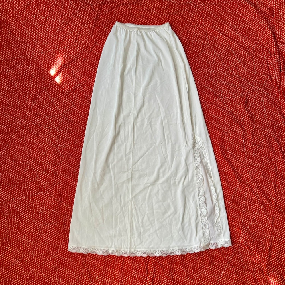 Vintage Shadowline White Nylon Maxi Half Slip Lace Trim Side Slit Small 1970s